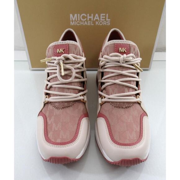 Michael Kors Liv Trainer Wedge Lace Up Sneaker MK Degrade Jacquard Fawn - Picture 4 of 9